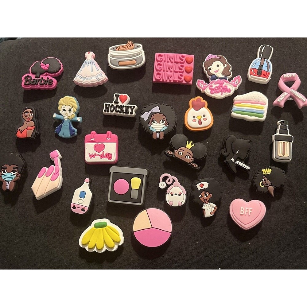 Lot of 27 Snap In Shoe Charms Women Girls Empowerment Makeup Food Sports